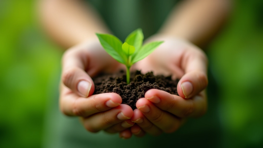 Hands cupping a small plant seedling with soil visible, showing nurturing gesture