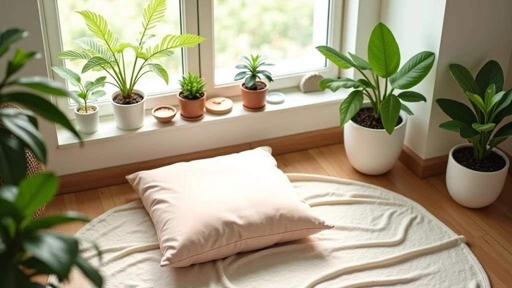 Calm meditation corner with meditation cushion, plants, and minimal decorative elements in natural light