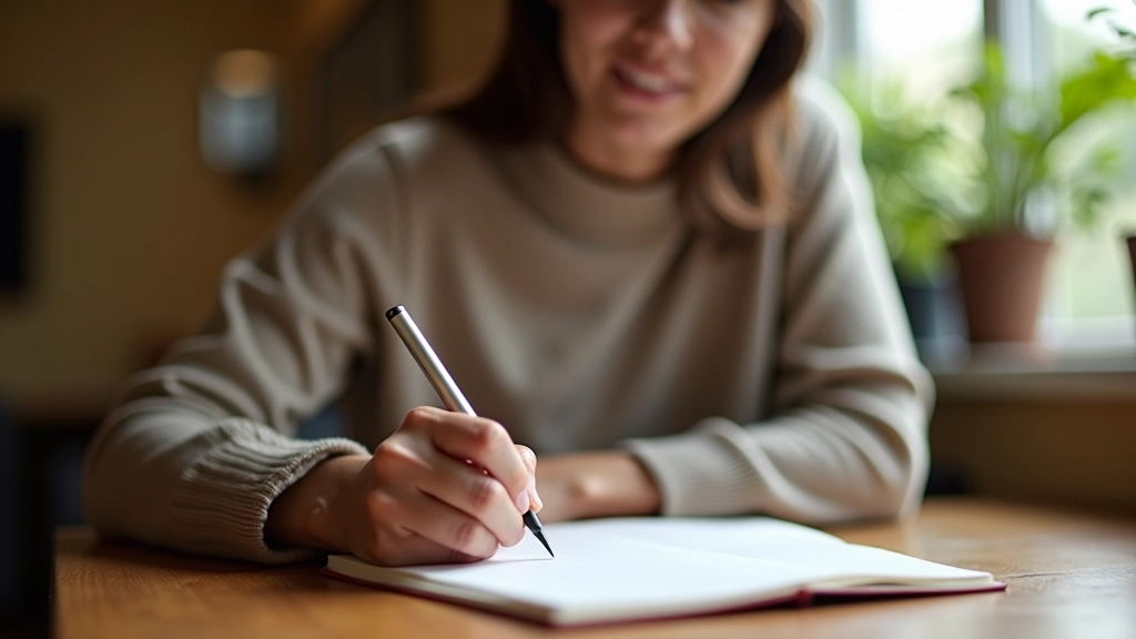 Person writing in notebook at cafÃ© table with coffee, natural light streaming through window