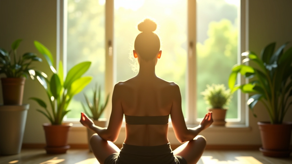 Person meditating by window with morning light and botanical plants in background