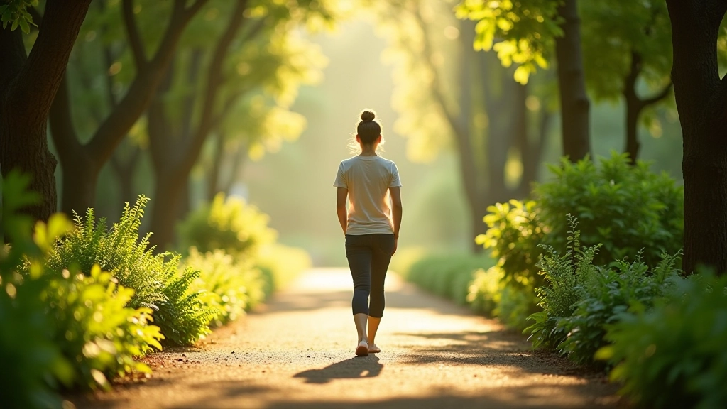 Person walking mindfully through tree-lined garden path