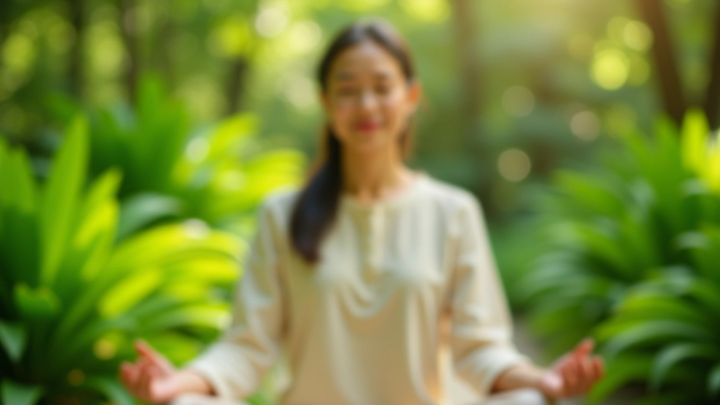 Woman meditating peacefully in botanical garden surrounded by green plants and natural light
