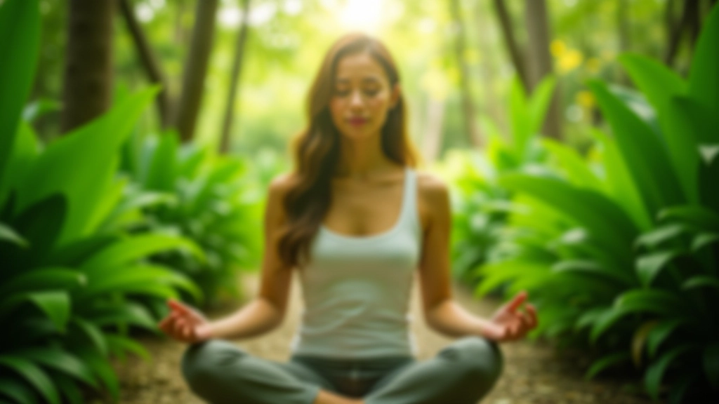 Woman meditating peacefully in botanical garden surrounded by green plants